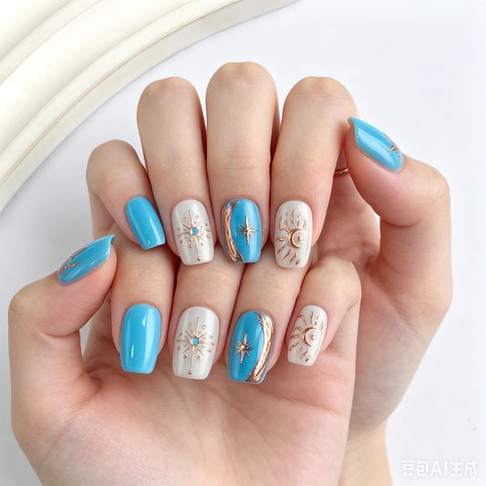 3D Moon Star Press on Nails with Celestial Design Glossy Gold Fake Nail Sparkly Blue Short Square False Nails Starry Sky Glue on Artificial Fingernails Summer Stick on Nail for Women Daily Wear