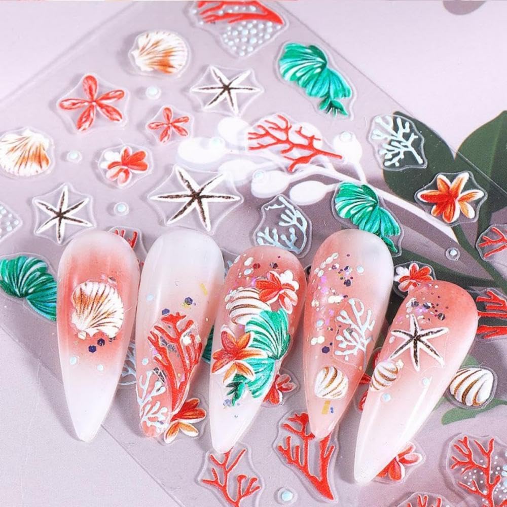 Flower Nail Stickers 5D Embossed Pearl Ocean Nail Decals 3D Self-Adhesive Summer Nail Art Stickers Coral Nail Designs Butterfly Beach Nail Art Decoration for Women Girls DIY 4 Sheets