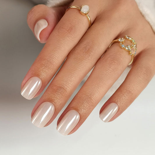 White Chrome Press on Nails Short - SHANGMENG Soft Gel Press on Nails Square for Women Gift, Fit Perfectly & Glossy Glue on Nails in 16 Sizes - 32 Reusable Fake Nails with Glue, Pearl White