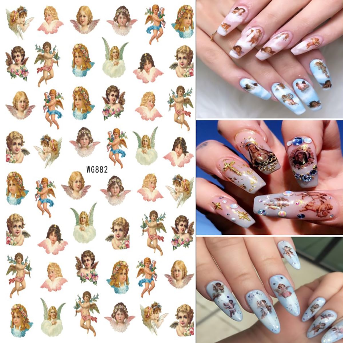 8 Sheets Angel Nail Art Stickers 3D Self-Adhesive Cupid Nail Decals Rose Flower Heart Wings Design Love Charms for Women Girls Acrylic Manicure Salon Decoration Kits