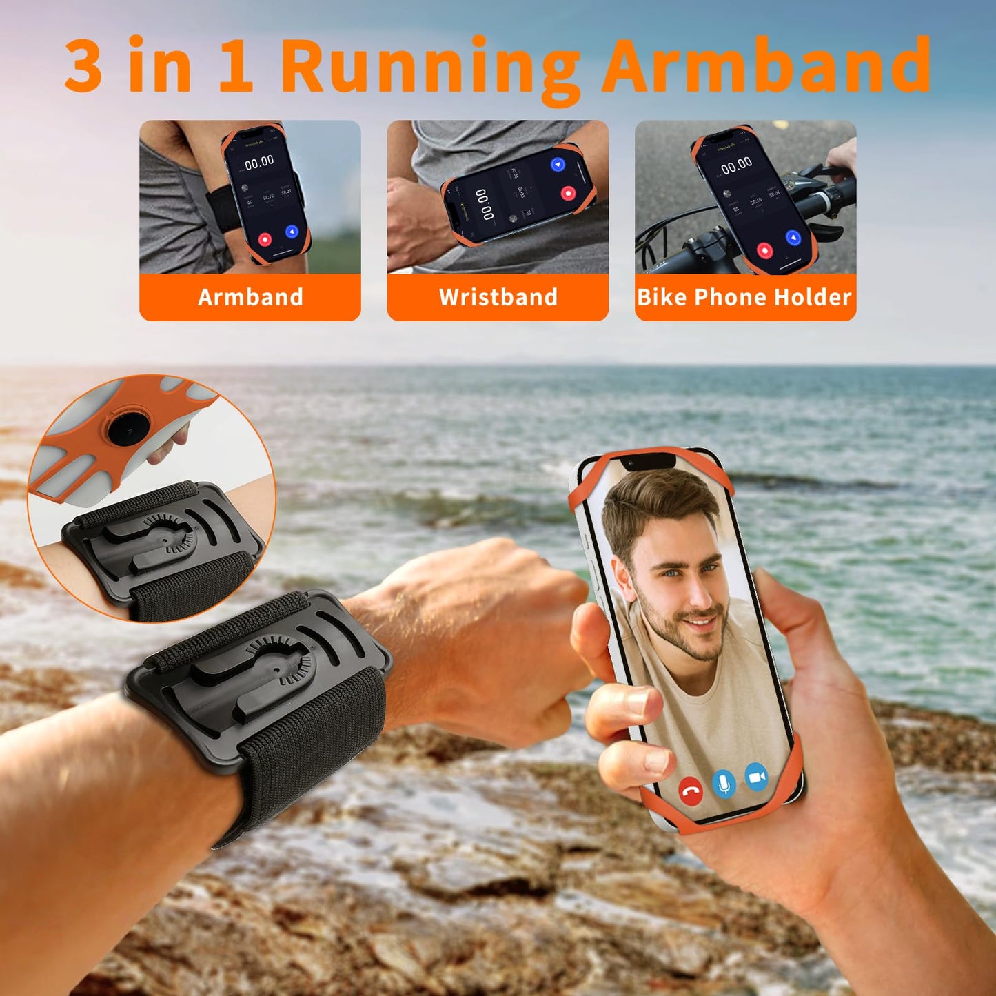 HLOMOM 3in1 Phone Holder for Running,Arm Band/Wrist Holder/Bike Mount,Phone Armbands 360° Rotation & Detachable Fit All 4.5-7" Phone for iPhone 17/16/15/Pro/14/13/12/mini/Pro Max/XS/XR (Orange)"