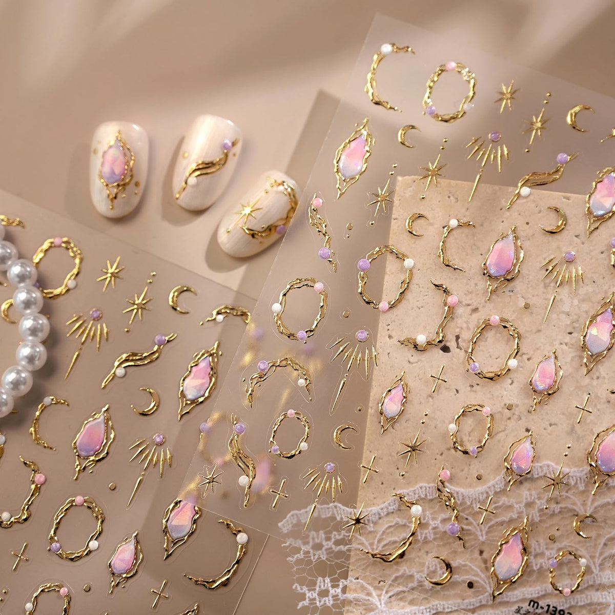 5D Embossed Gold Nail Stickers for Nail Art Moon Star Nail Art Stickers with Pearl Design Pink Gemstone Nail Decals Moon Nail Design Supplies for Women Girls
