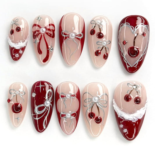 30pcs French Tip Press on Nails Medium Almond Fake Nails with 3D Bow Pearl Sweet Style French Cherry False Nails Cute Bow Press on Full Cover Artificial Glue on Nails Rhinestone Stick on for Women