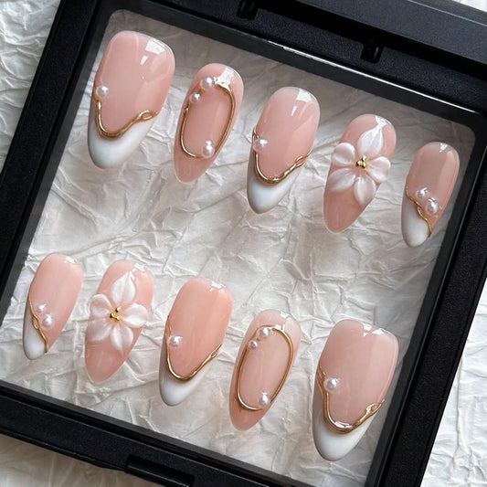 Spring Press On Nails MAGLFELL Handmade Almond Fake Nails, 3D Carving Floral and Pearl Design,10 Pcs Reusable ABS Material Acrylic Fingernail Tip Salon Artificial Nails Kit (Size M)