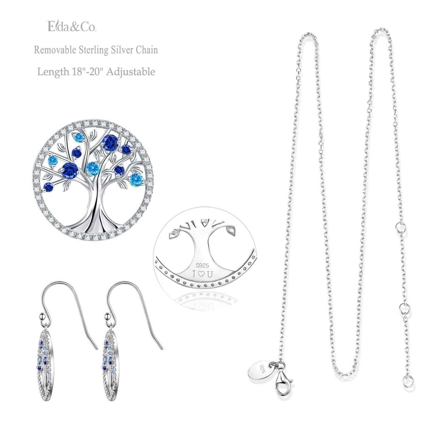 Tree of Life Jewelry Necklace Earrings Set Women March Birthstone Birthday Gifts Wife Mom Aquamarine Sapphire Sterling Silver