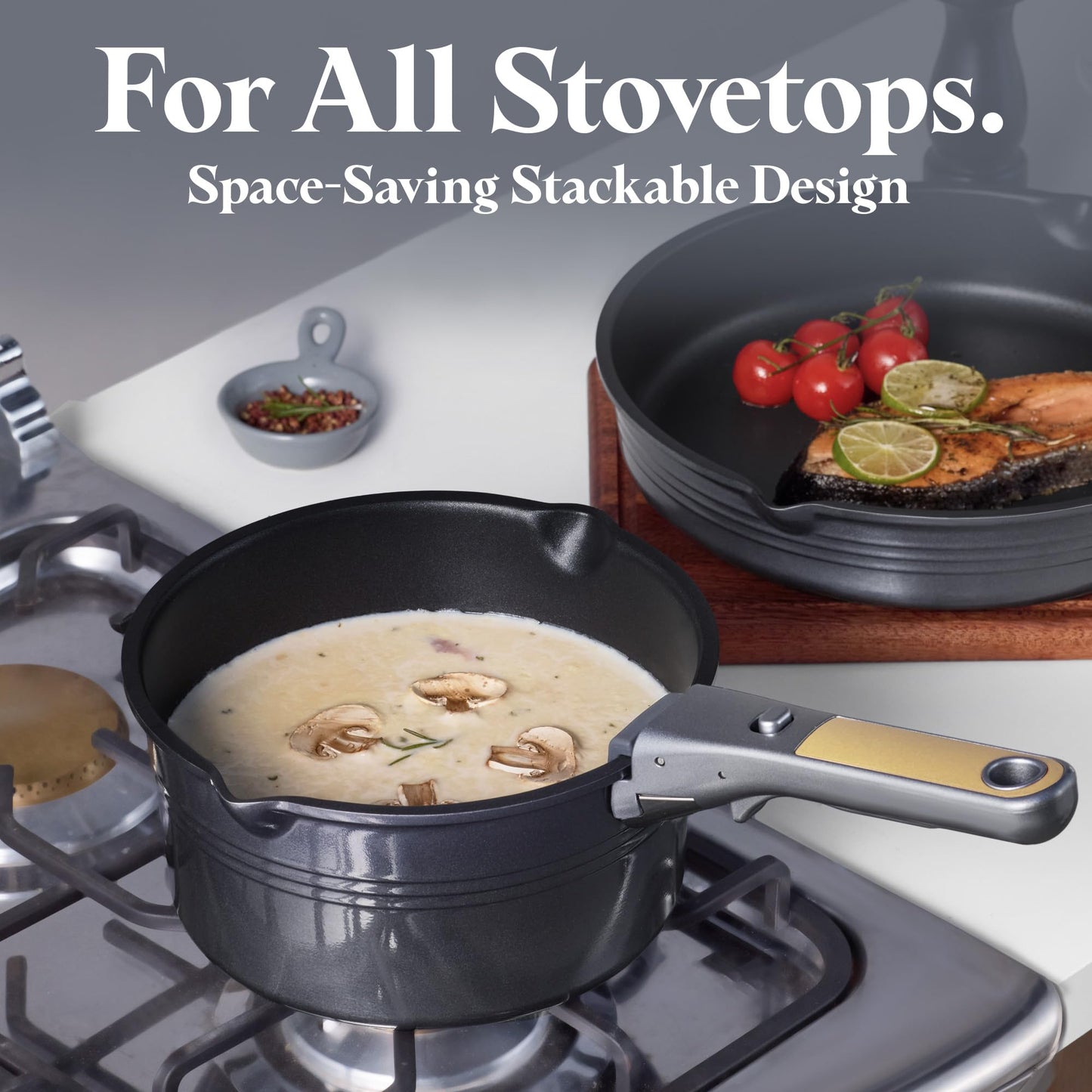 CAROTE 17Pcs Titanium Pots and Pans Set, Cookware Set Nonstick, Kitchen Cooking Set with Detachable Handle, RV/Camping Cookware, Dishwasher/Oven Safe, Grey