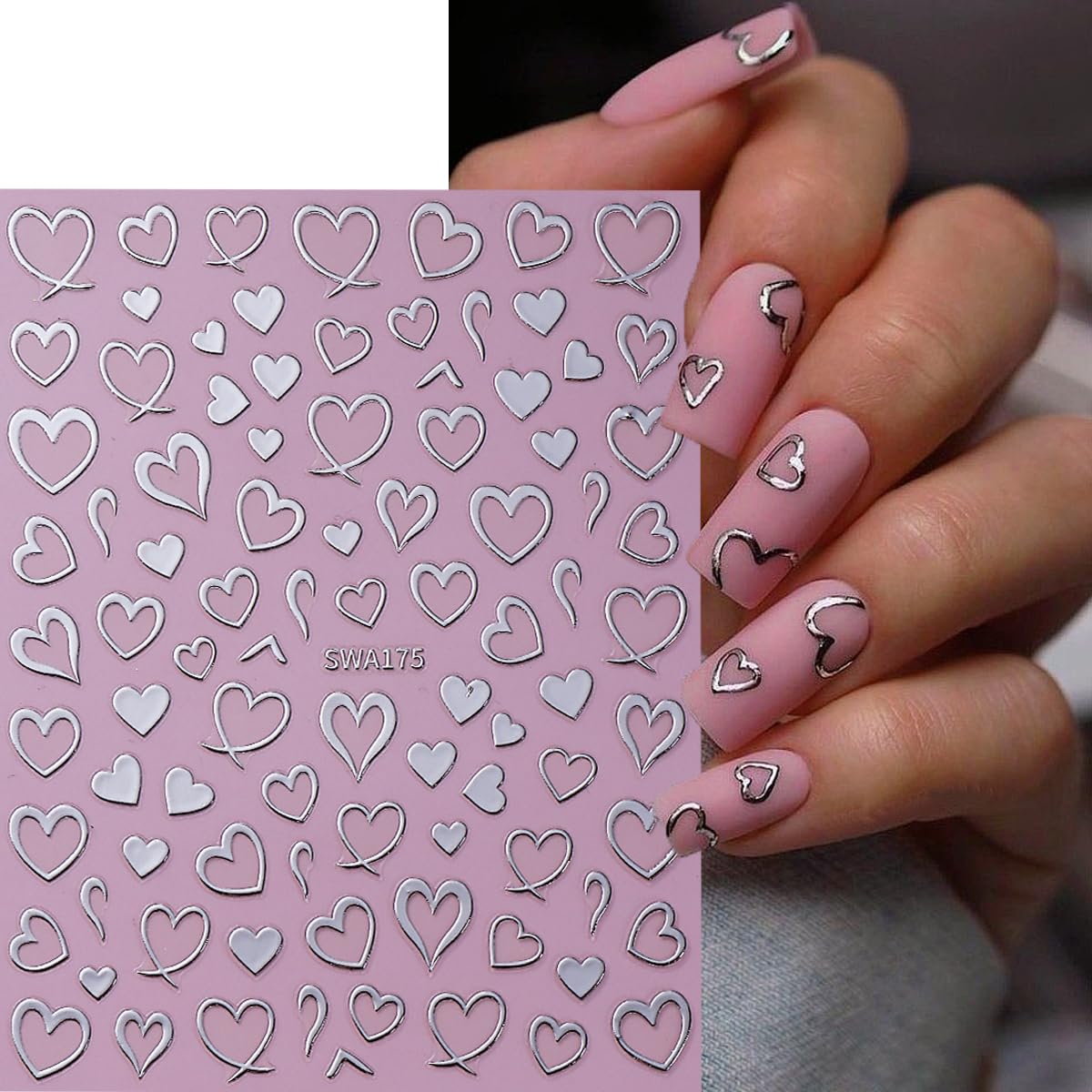 Heart Nail Art Stickers Valentine's Day Nail Decals 6PCS Empty Love Heart 3D Self-Adhesive Valentine Nail Art Decorations Supplies Red Silver Gold Heart Stickers for Nails Women Manicure Design