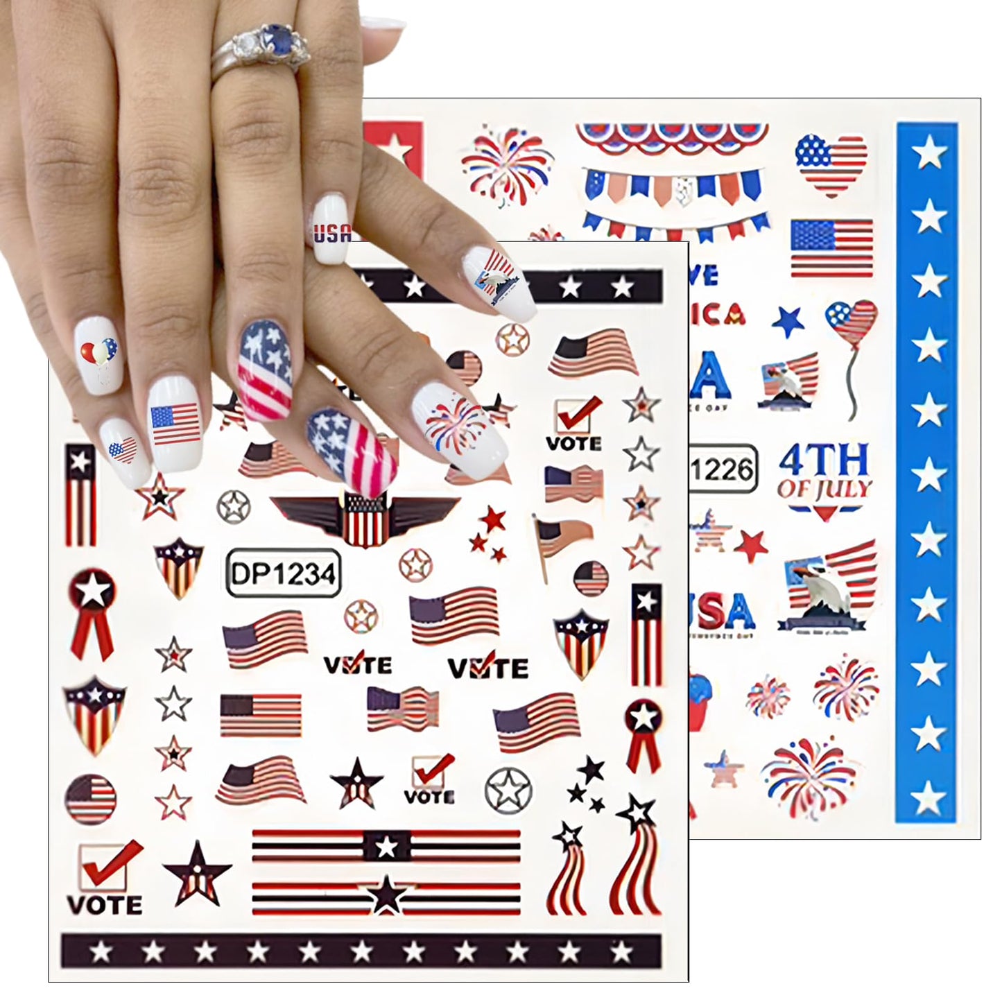 5 Sheets July 4th Nail Art Stickers 3D Self Adhesive American Flag I Love America Nail Decals Memorial Day for Women Nail Art Decoration