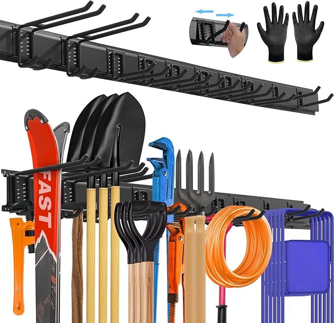 64'' All-Metal Garage Tool Organizer Wall Mount â Heavy-Duty Tool Rack Holds 680 lbs, Adjustable Hooks for Garage, Yard, and Garden Equipment