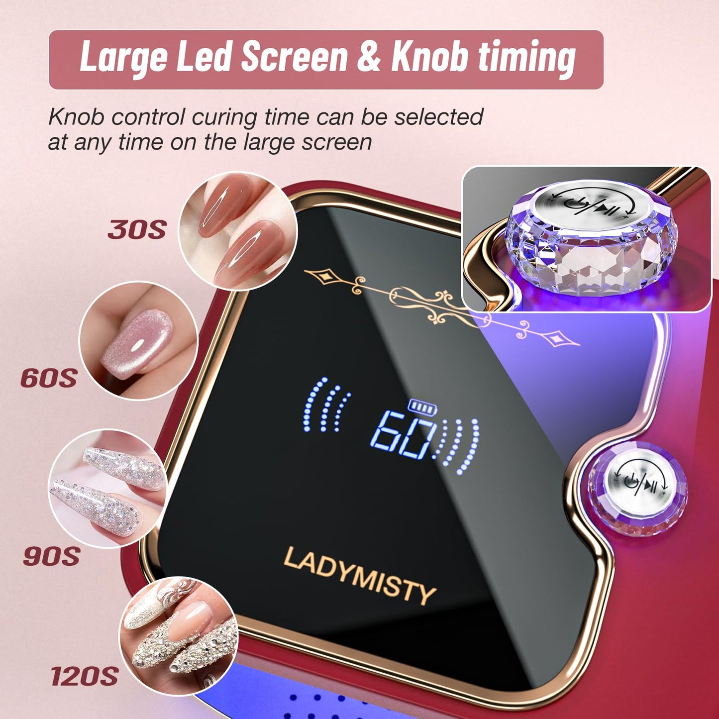 LadyMisty 268W Low Heat UV Nail Lamp Cordless, Fast Curing Rechargeable LED Nail Lamp with LCD Display & Knob, No Burn Professional Nail Dryer for Gel Polish Home Salon Gifts for Women