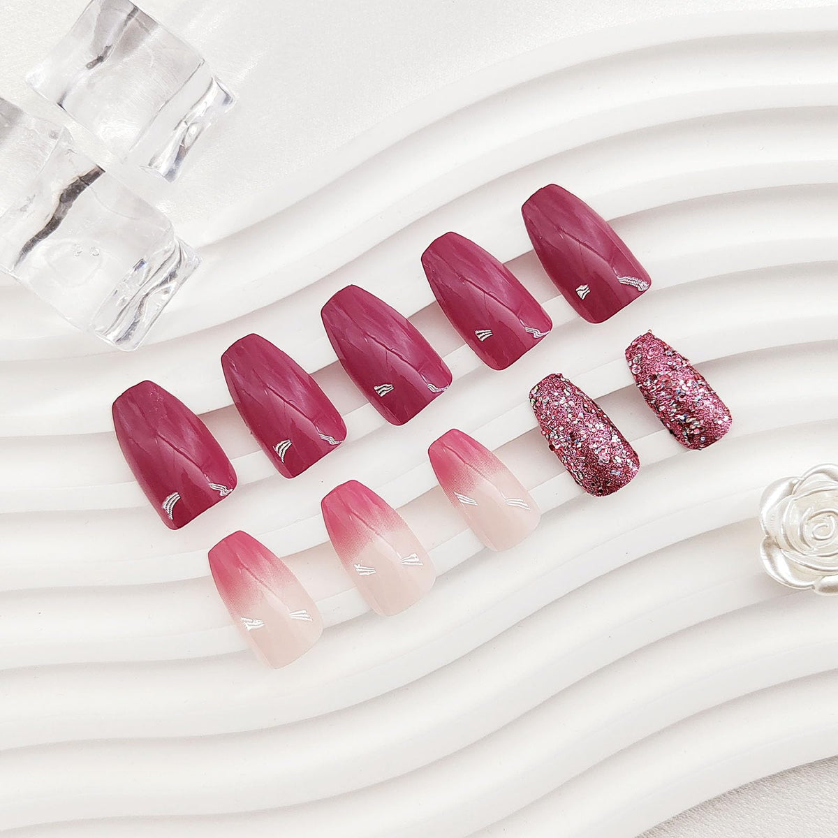 Press on Nails Short Coffin Fake Nails Gradient False Nails with Silver Glitter Designs Purple and Off White Full Cover Acrylic Nails Glossy Stick on Nails for Women & Girls 24 Pcs