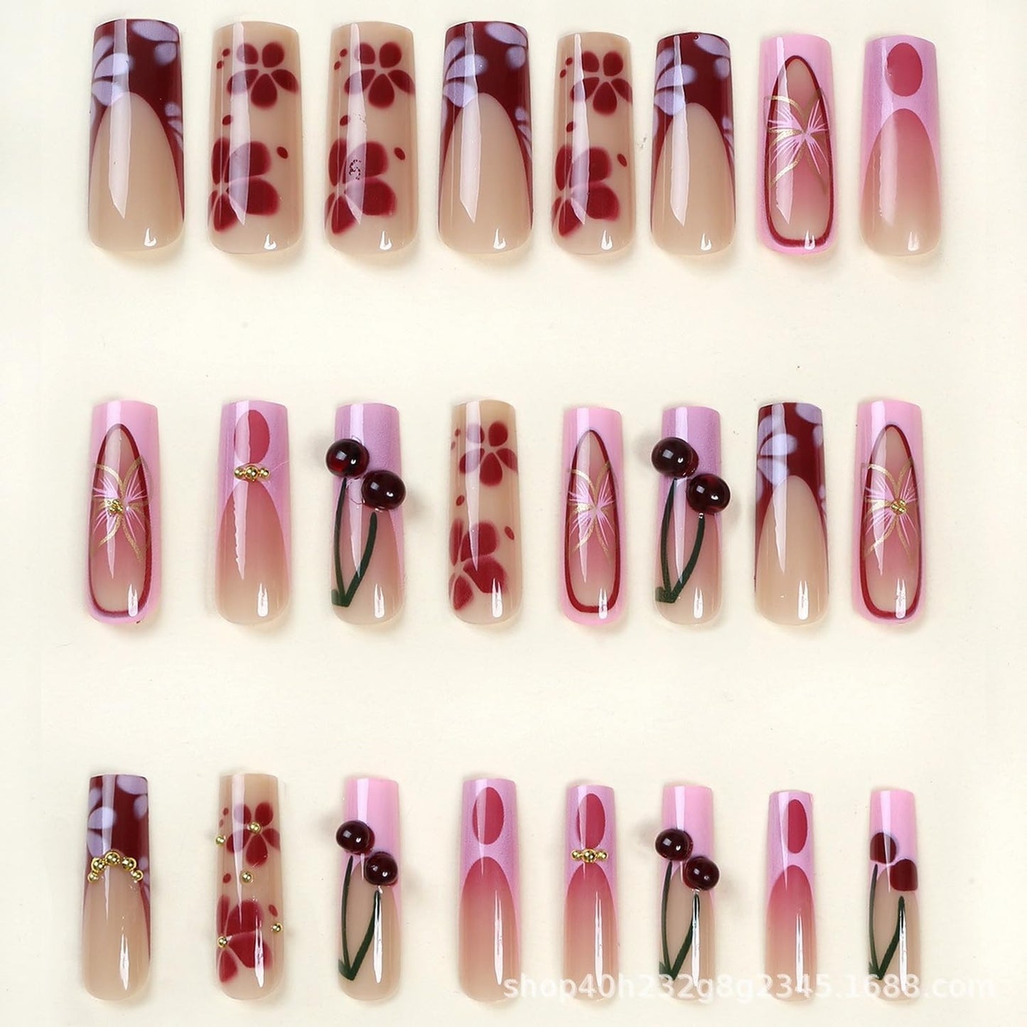 Long Square Flower Press on Nails Pink French Tip Fake Nails with Cherry and Floral Designs Handmade Press on Nails Full Cover Acrylic Nail Stick on Nail for Women DIY Manicuare 24 Pcs