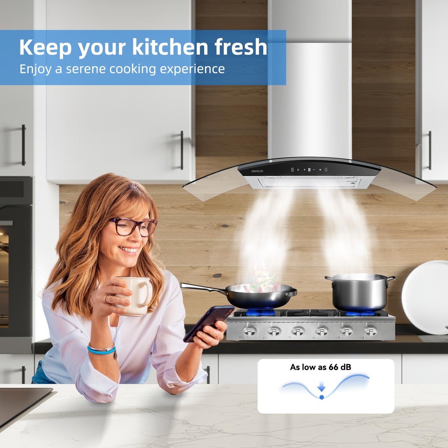 Wall Mount Range Hood 36 Inch 700 CFM Tempered Glass with Ducted Vent Hood, 3-Speed Exhaust Fan, Stainless Steel Filters, Gesture Sensing & Touch Control Switch Black Panel and 2 LED Lights