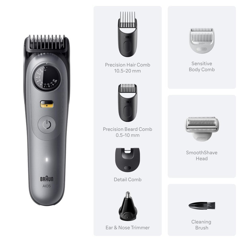Braun Series 5 All-in-One Beard & Body Grooming Kit for Men, Cordless Trimmer, Hair Clippers & Shaver for Face, Hair & Body with Smooth Shave Head, AIO 5510
