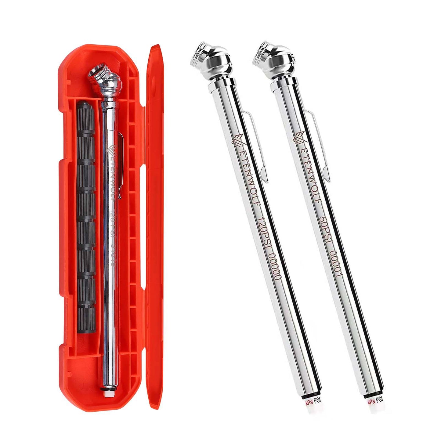 ETENWOLF Pencil Tire Pressure Gauge 2 Pack (10-50PSI, 20-120PSI) with 16 Tire Caps Calibrated to ANSI B40.1 Grade B(2%), Stainless Steel Body, for Cars, Pickups, RVs, Bicycles