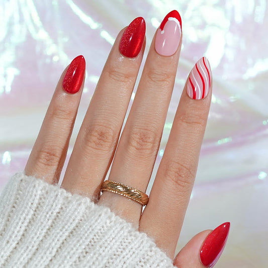 Christmas Press On Nails Almond - Jofay Fashion Red Cat Eye Press On Nails, Swirl Santa Hat Fake Nails with Glue for Women, Glossy Reusable Soft Gel Glue On Nails in 16 Sizes - 32 Stick On Nails Kit