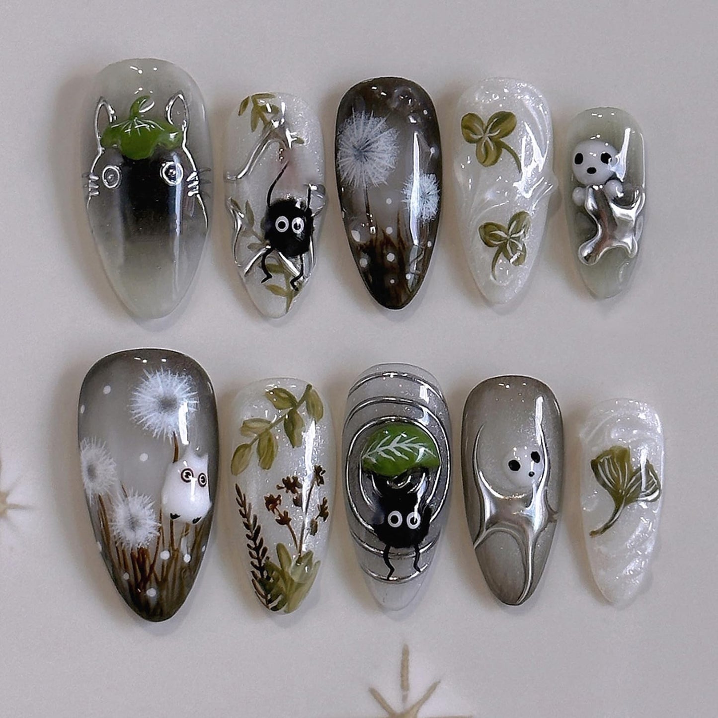 IMRAIN Press on Nails Medium Almond Fake Nails with Cute Pattern Design Glossy Black Ombre Acrylic False Nails Full Cover Glue on Nails Artificial Nail Supplies for Women Girl Nail Decoration