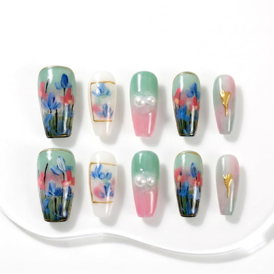 Sun&Beam Nails Handmade Press On Nail Medium Long Coffin Ballerina Green Painting Fake Tip 3D Design Art Charms Cute with Storage Box 10 Pcs (M)