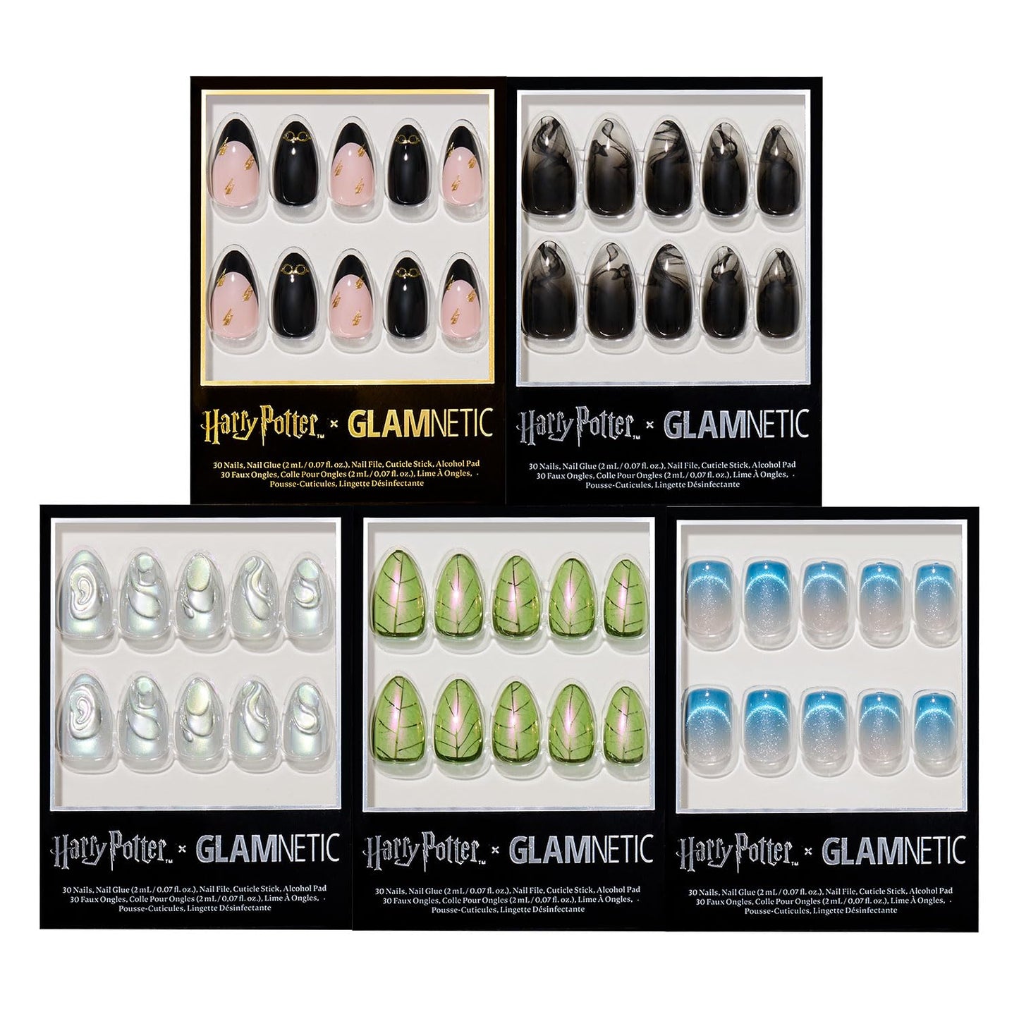 Harry Potter™ x Glamnetic Press-On Nails Bundle - Harry Potter™, Dementor™, Unicorn Blood, Mandrake & Lumos | Short Almond Fake Nails with Black French Tips, Glasses & Hidden Lightning Details | Mediu