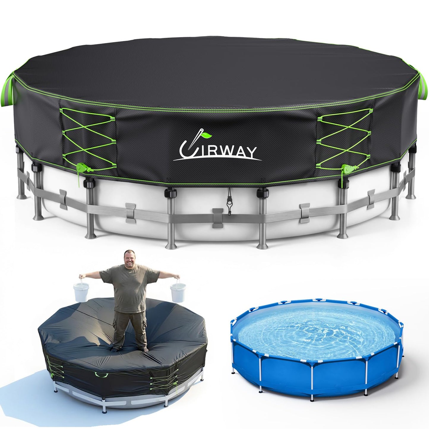 Uirway 600D Upgraded 12ft Round Pool Cover For Above Ground Pools, Solar Pool Cover Windproof Ratchet Locking System & Reflective Drawstring, heavy duty Pool Covers UV Protection, With Anti-Slip Strap