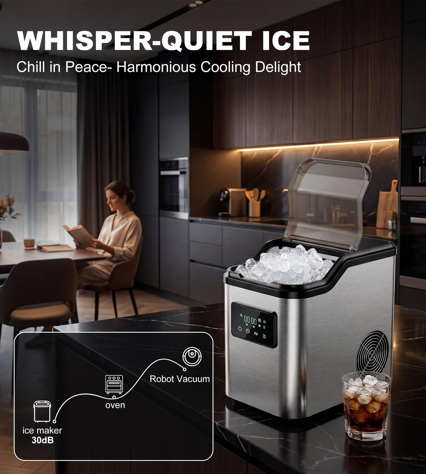Landeagle Nugget Ice Makers Countertop,Portable Pebble Ice Machine with Crushed Ice,45lbs/Day Soft Pellet Ice Maker Stainless with 24H Timer, Self-Cleaning Chewable Sonic Ice for Home,Kitchen,Office