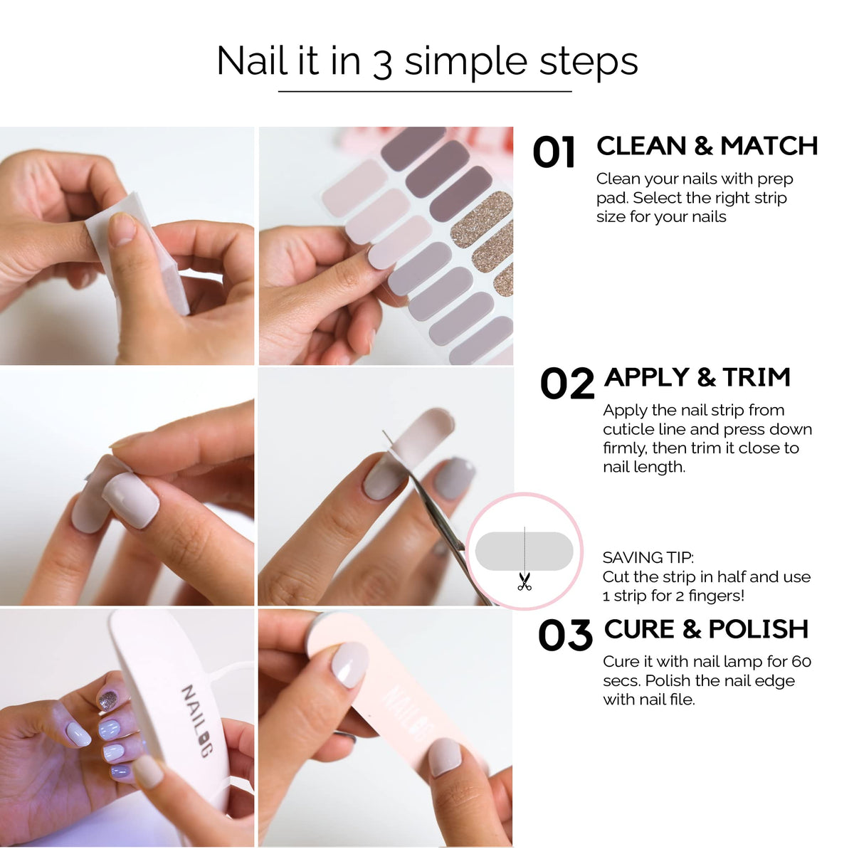 Semi Cured Gel Nail Strips, NAILOG 20pcs Long Lasting Nail Stickers Work with Any UV Light, Wraps with Glossy Gel Finishing for Women Girls Kids DIY Gift│Aurora