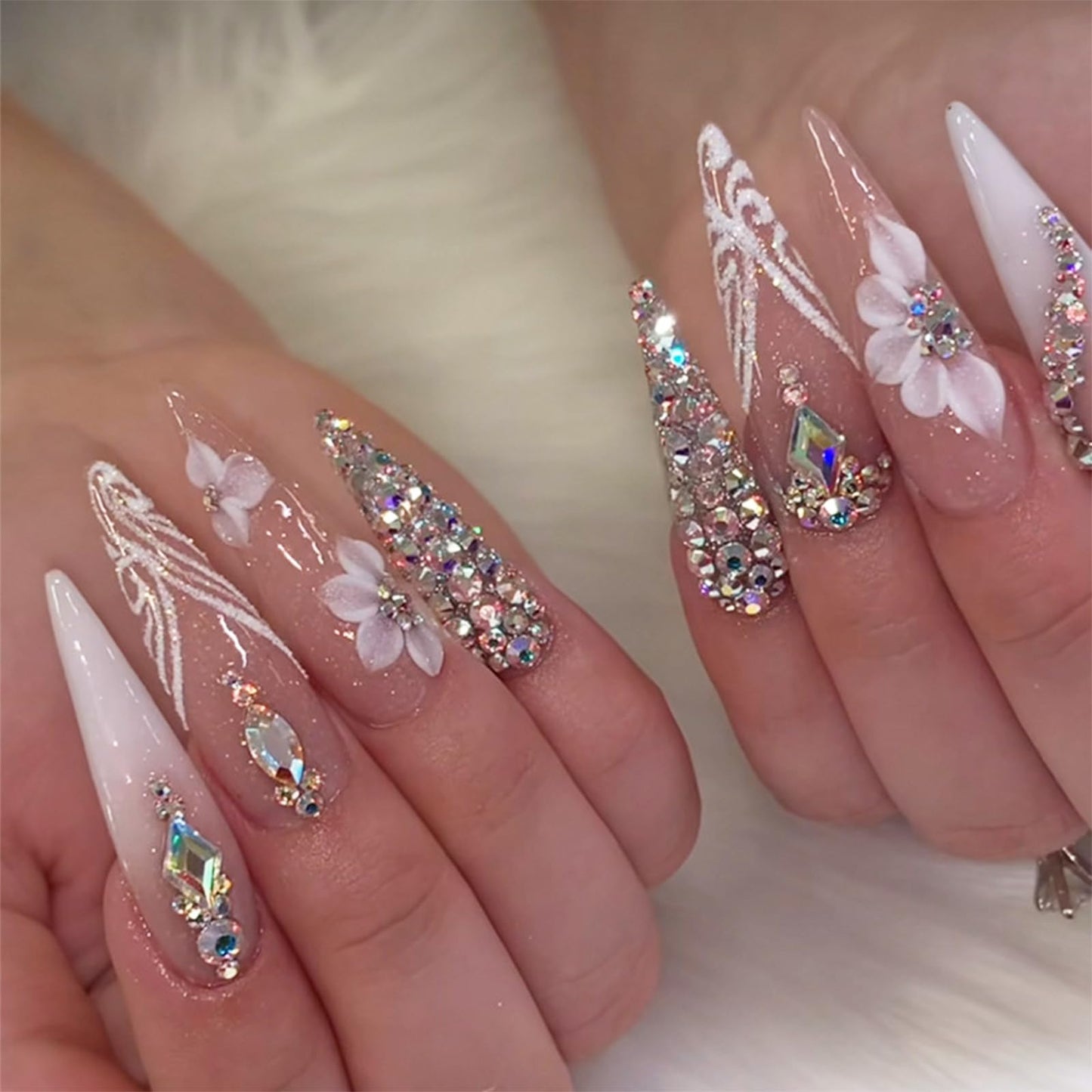 IMRAIN Press on Nails Long Stiletto Fake Nails Nude White French Tips Full Cover Almond Artificial Glitter False Nails with Rhinestone Designs Glossy Glue on Acrylic Nail Supplies 24Pcs