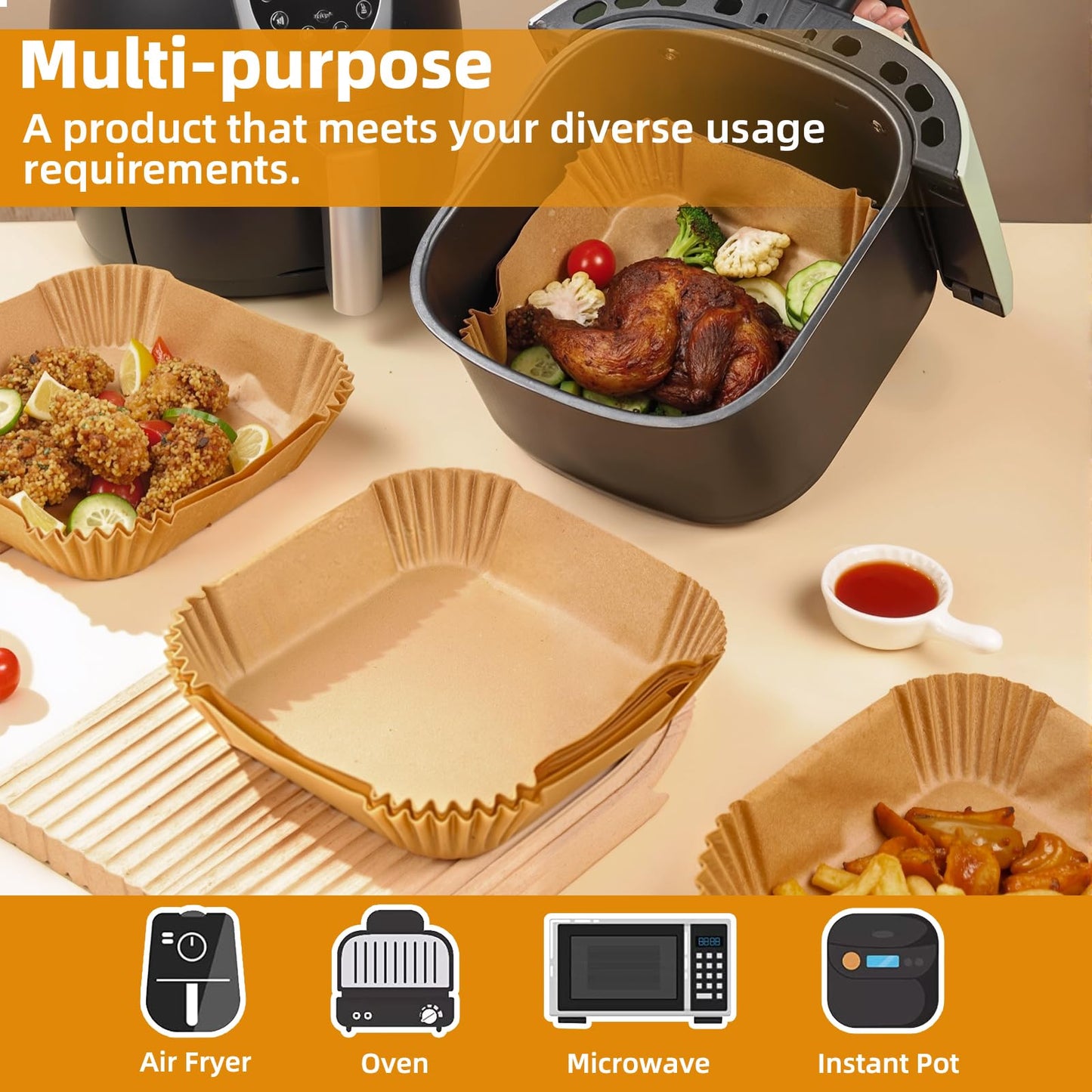 7.1 inch Air Fryer Paper Liners for Instant Pot Vortex Plus 4QT, 200pcs 3-6 Qt Thickened Square Disposable Parchment Liner Compatible with Ninja AF141/Chefman/Cosori Airfryer