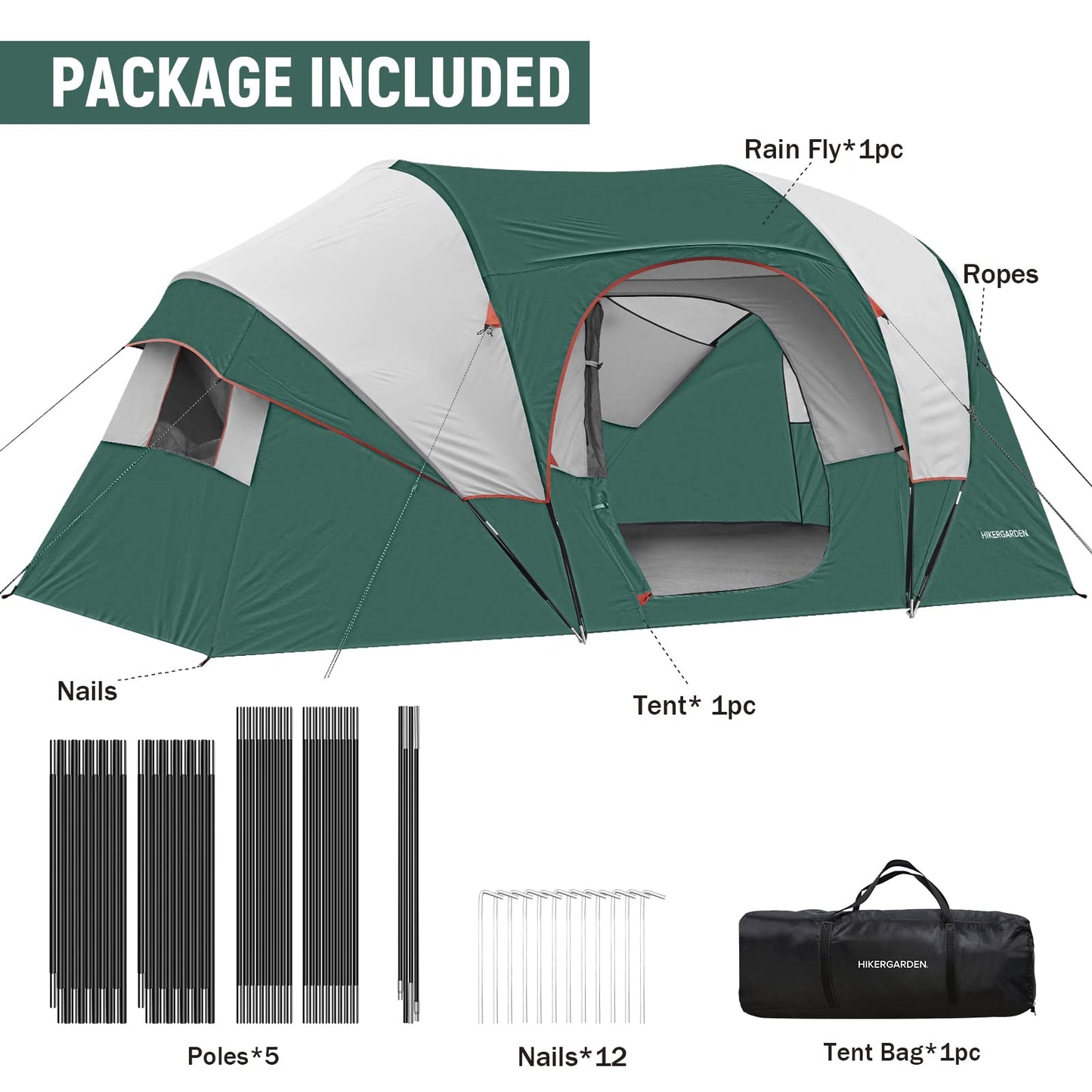 HIKERGARDEN 10 Person Camping Tent - Portable Large Family Tent for Camp, Windproof Fabric Dome Tent Outdoor for Hiking, Backpacking, Traveling - 14'x11'x74in(H)