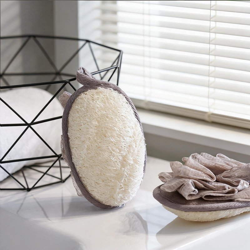 2 Pack Natural Loofah Exfoliating Body Scrubber, 2 en 1 Bath Shower Pouf Sponge for Women and Men, for Face and Body That Gets You Clean (Grey)