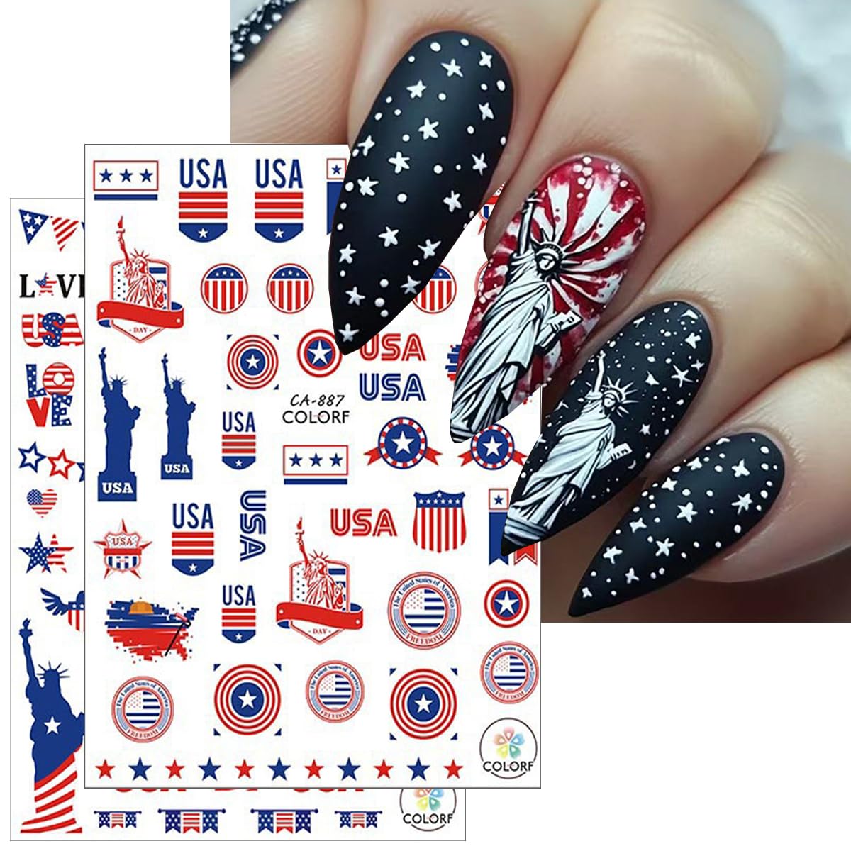 6Pcs Independence Day Nail Stickers for Nail Art - Celebrate 4th of July Nail Decals 3D Self-Adhesive USA Flags Heart Star Bow Eagle Design Firework Sticker for Memorial Day DIY Patriotic Nail Decor