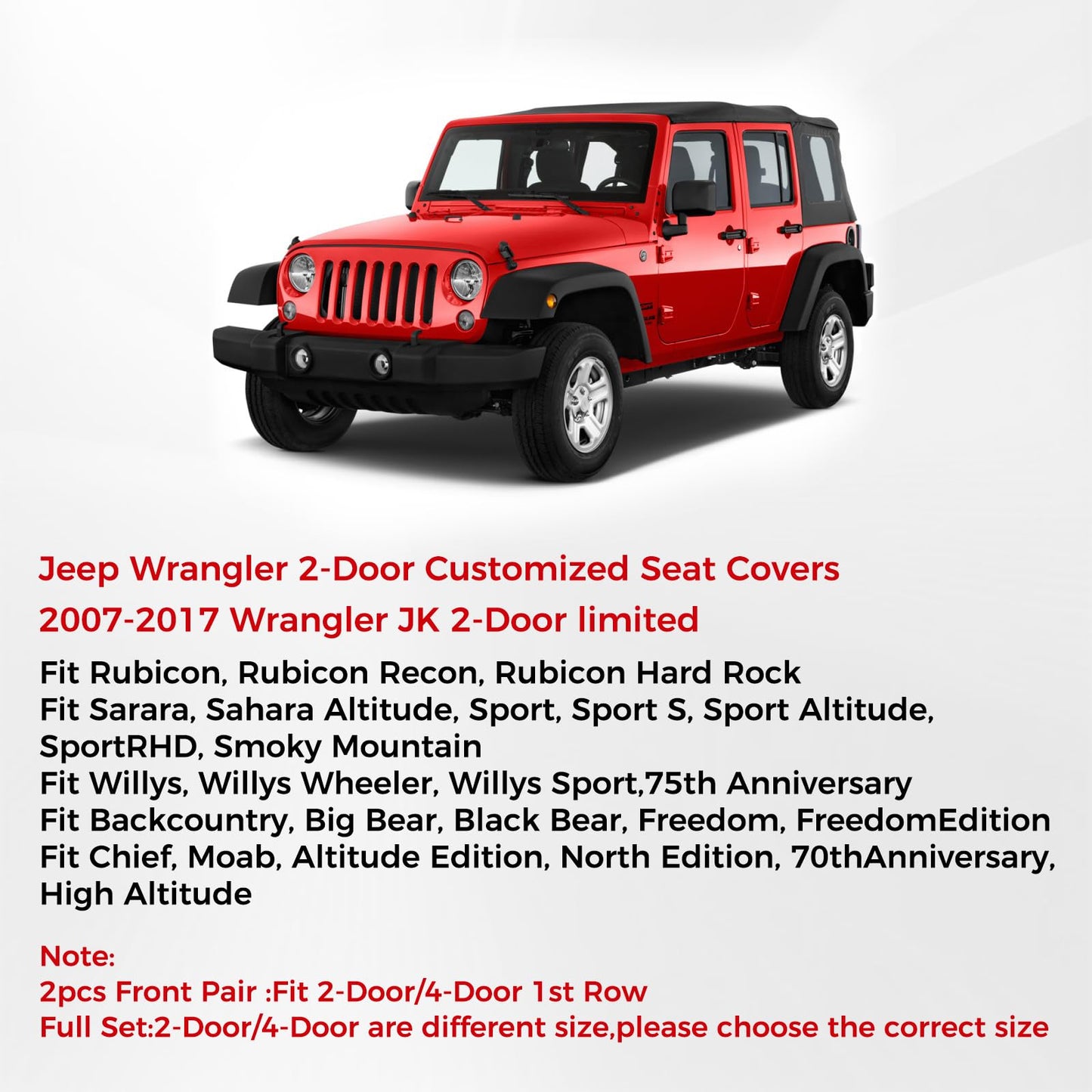 Huidasource Wrangler JK Seat Cover 2 Door Full Set, Waterproof Leather Custom Car Seat Cover, JK Seat Cushion Protector Fit for Jeep Wrangler JK 2-Door Sahara Sport Rubicon 2007-2017(Full Set/Black)