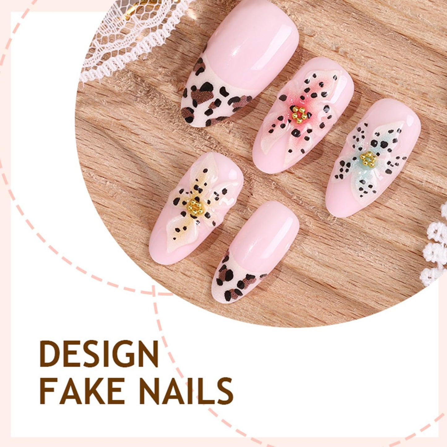 TBRZTR 30Pcs Flower Press on Nails Medium Artificial Almond Acrylic Fake Nails French Leopard Print 3D Floral with Gold Beads Stick on Nail Full Cover Reusable Coffin Artificial Fingernails for Women