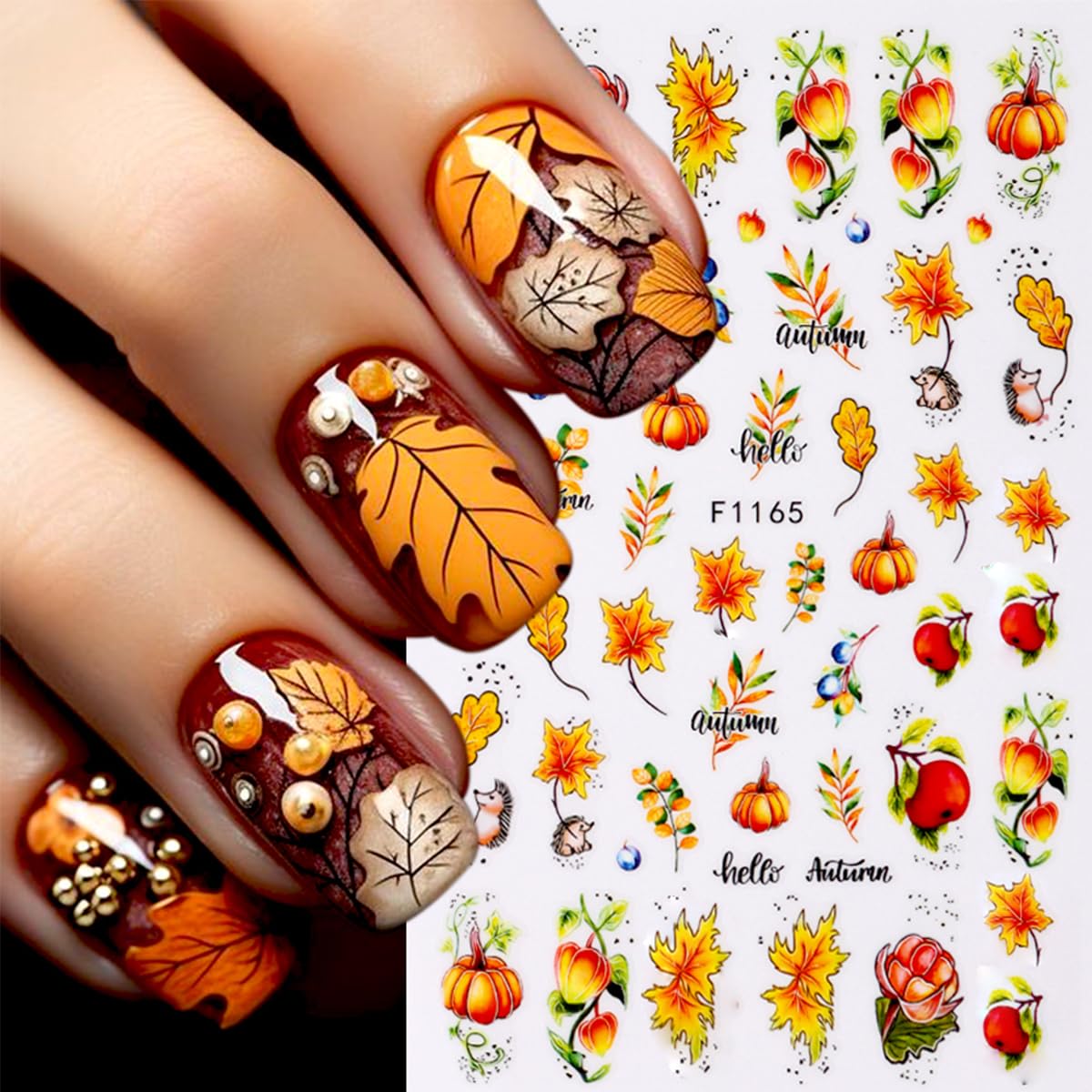 6 Sheets Fall Nail Stickers for Nail Art Thanksgiving Maple Leaf Nail Art Stickers Decals Autumn Pumpkins Mushroom Nails Decorations 3D Self-Adhesive Maple Leaves Nails Design Stickers for Women Decor