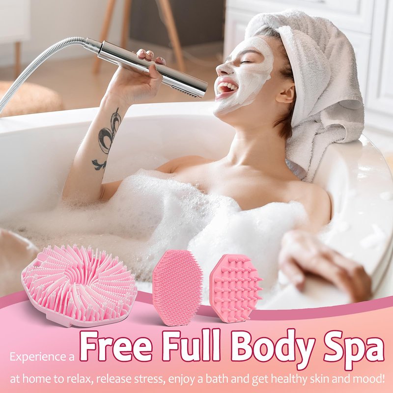3 Soft Silicone Skin Scrubbers - Body Scrubber Exfoliating Brush Bath Shower Tool, with Gentle Manual Face Cleansing Wash Scrubber, with Hair Scalp Massager Shampoo Brush (Pink)