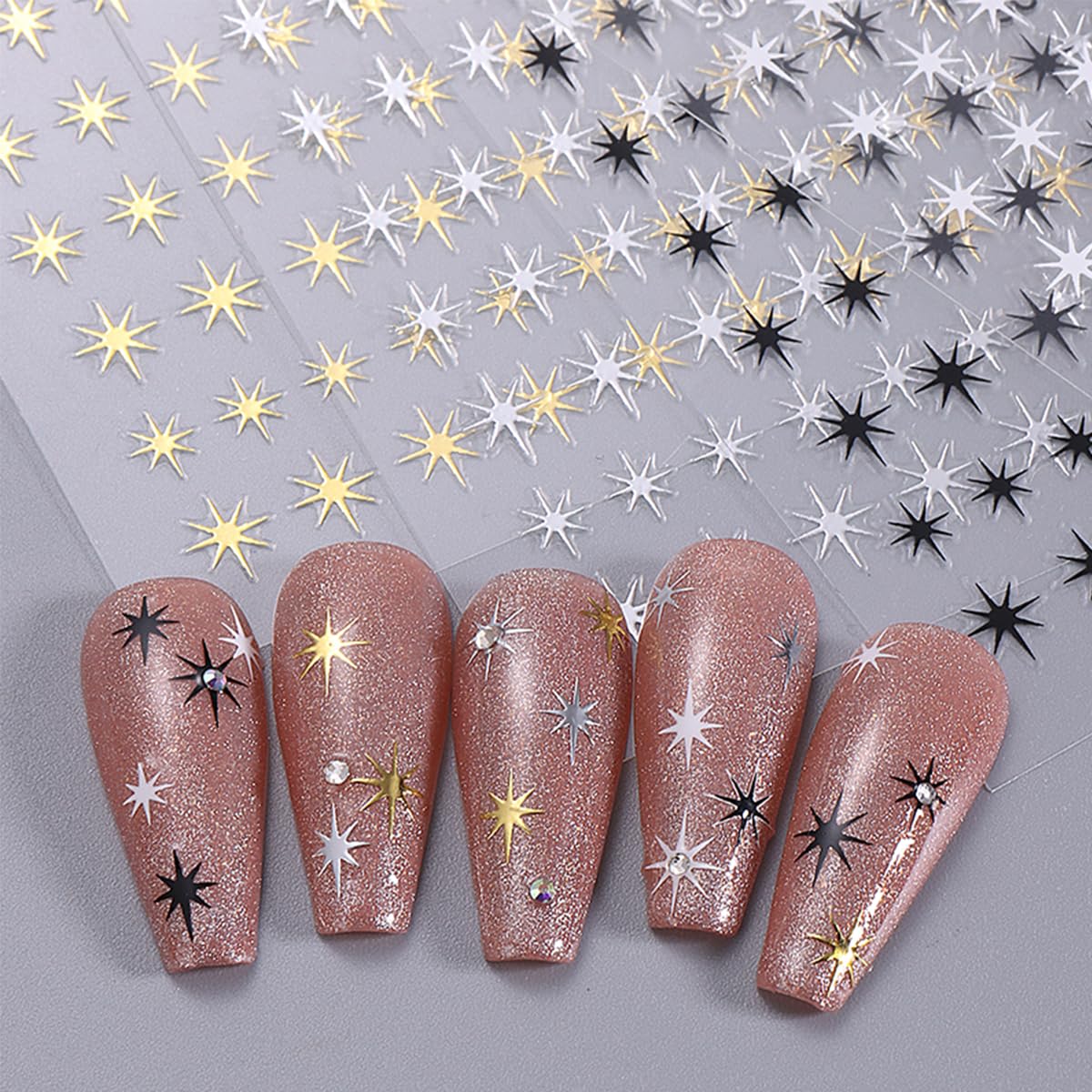 6 Sheets Star Nail Art Stickers Self-Adhesive 3D Star Nail Sticker Shiny Gold Silver White Black Stars Nail Art Design Decals Starlight Star Stickers for Women Girls Manicure Decoration Supplies