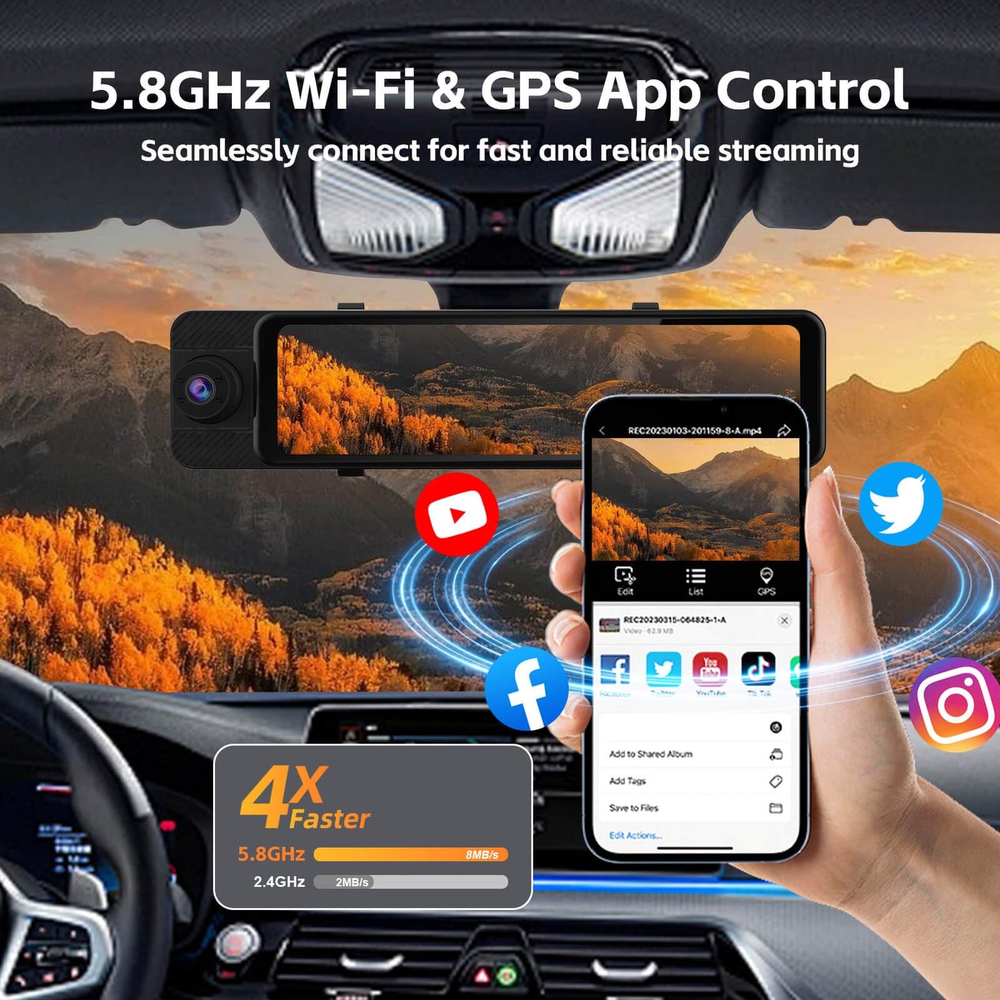 3 Channel Rear View Mirror Camera, 4K+1080P+1080P Front Inside and Rear Car Camera, 12" Touch Screen Backup Camera with 5GHz WiFi GPS, 24H Parking Mode, HDR Night Vision, G Sensor, Free 128G Card