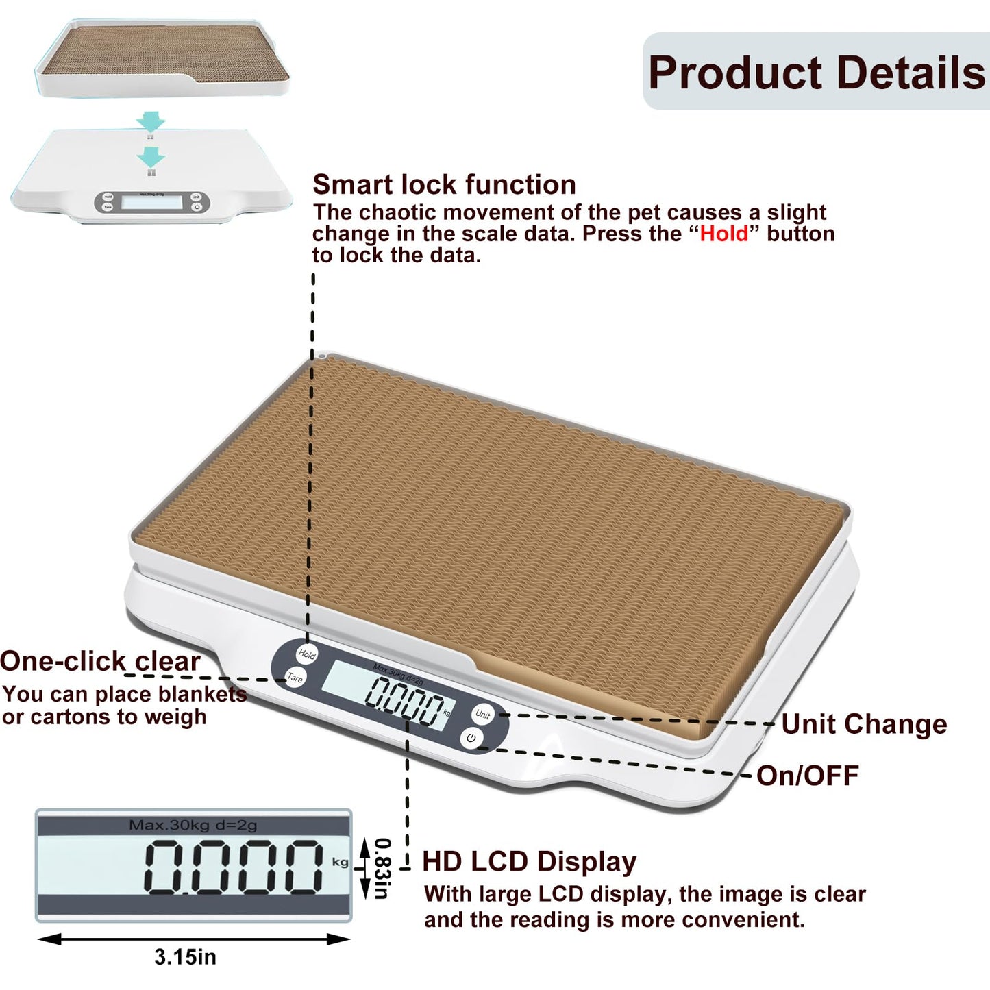 LFGKeng Digital Small Animal Scale, Pet Weight Scale with Cat Scratcher, Capacity up to 66 lb, Measure Accurately, Tray Length 16in, Multifunction Digital Weighing Scale for Pet, Baby, Kitten, Puppy