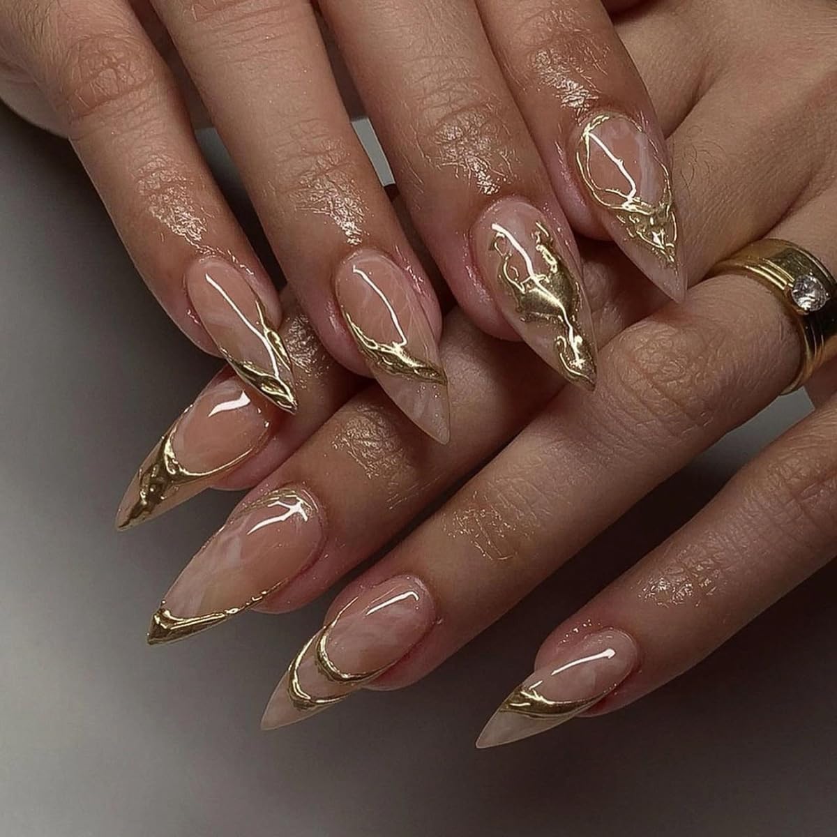 Gold Press on Nails Almond Fake Nails with Design Medium False Nails Press ons,Reusable Acrylic Nail Full Cover Glossy Glue on Nail Stick on Nails for Women Girls Manicure 24 Pcs