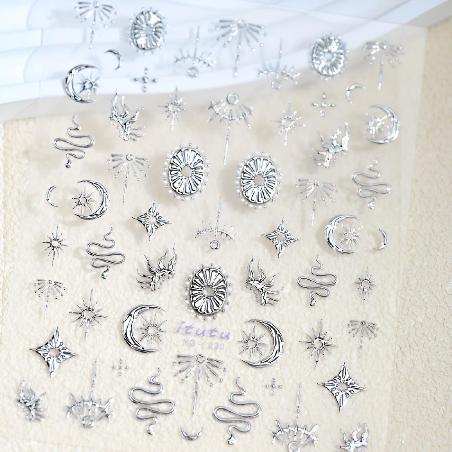 2 Sheet Snake Nail Stickers Silver Gold Nail Art Stickers Decals with Moon Sun Design Nail Stickers for Nail Art 5D Embossed Manicure Decoration for Women Nails Supplies