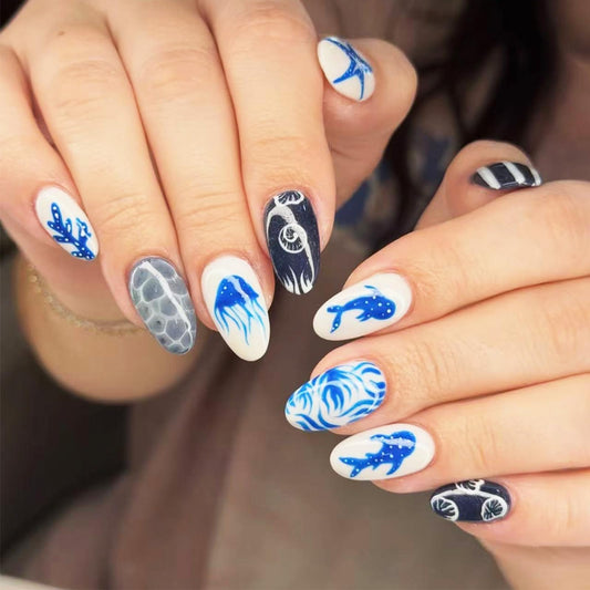 Ocean Themed Press on Nails Medium Almond, Whale False Nails, Glossy Blue Stripe Fake Nail Starfish Glue on Nail, Jellyfish Stick on Reusable Acrylic Fingernails for Women Summer Beach Daily Wear