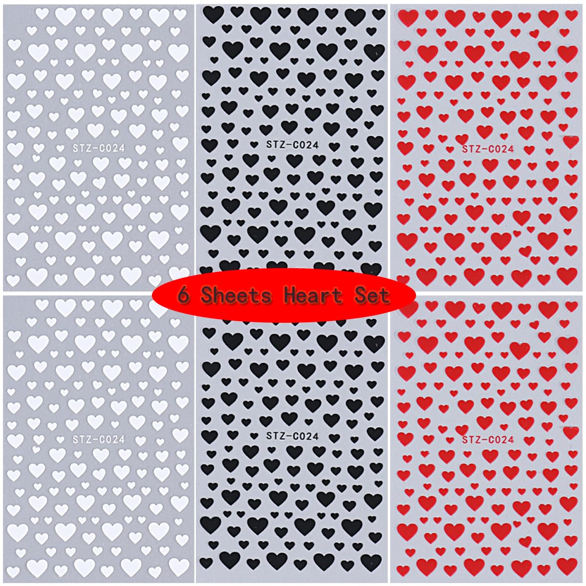 Heart Nail Stickers -Valentine's Day Nail Art Supplies Heart Nail Decals for Women - 3D Self Adhesive Heart Nail Art Sticker - Heart Love Black Red White Nail Designs DIY Valentine Manicure Decor 6PCS