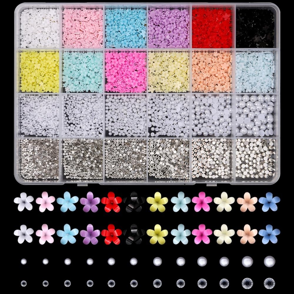 Flower Nail Charms 3D Resin Red Black Floral Nail Gems Cute Pearl Nail Jewels Shiny Tiny Rhinestones Nail Art Supplies for Women DIY Acrylic Nail with Tweezers 12 Grids 1 Box 12 Styles