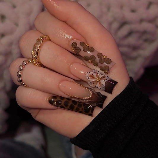 OCTOSWAVE Press on Nails Long Square Fake Nails Leopard Print 3D Flower Design Brown French Tip False Nails for Women Daily Wear Party 24 Pcs with Manicure Tools