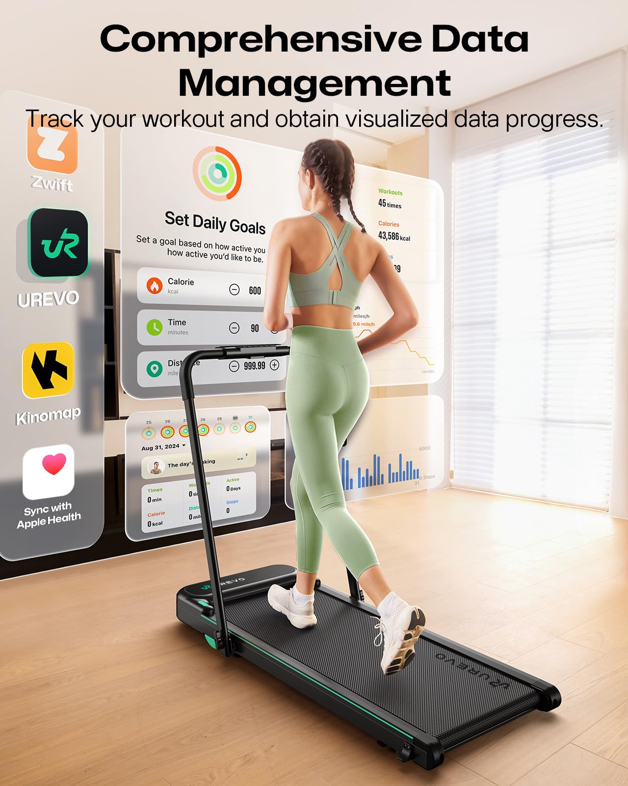 UREVO Strol 2E Smart 2-in-1 Folding Treadmill, Compact Walking Pad with Safety Handle, Plug and Play, Dual LED Display, Workout APP, Walking or Running for Home Office, Remote Included, Flaxen