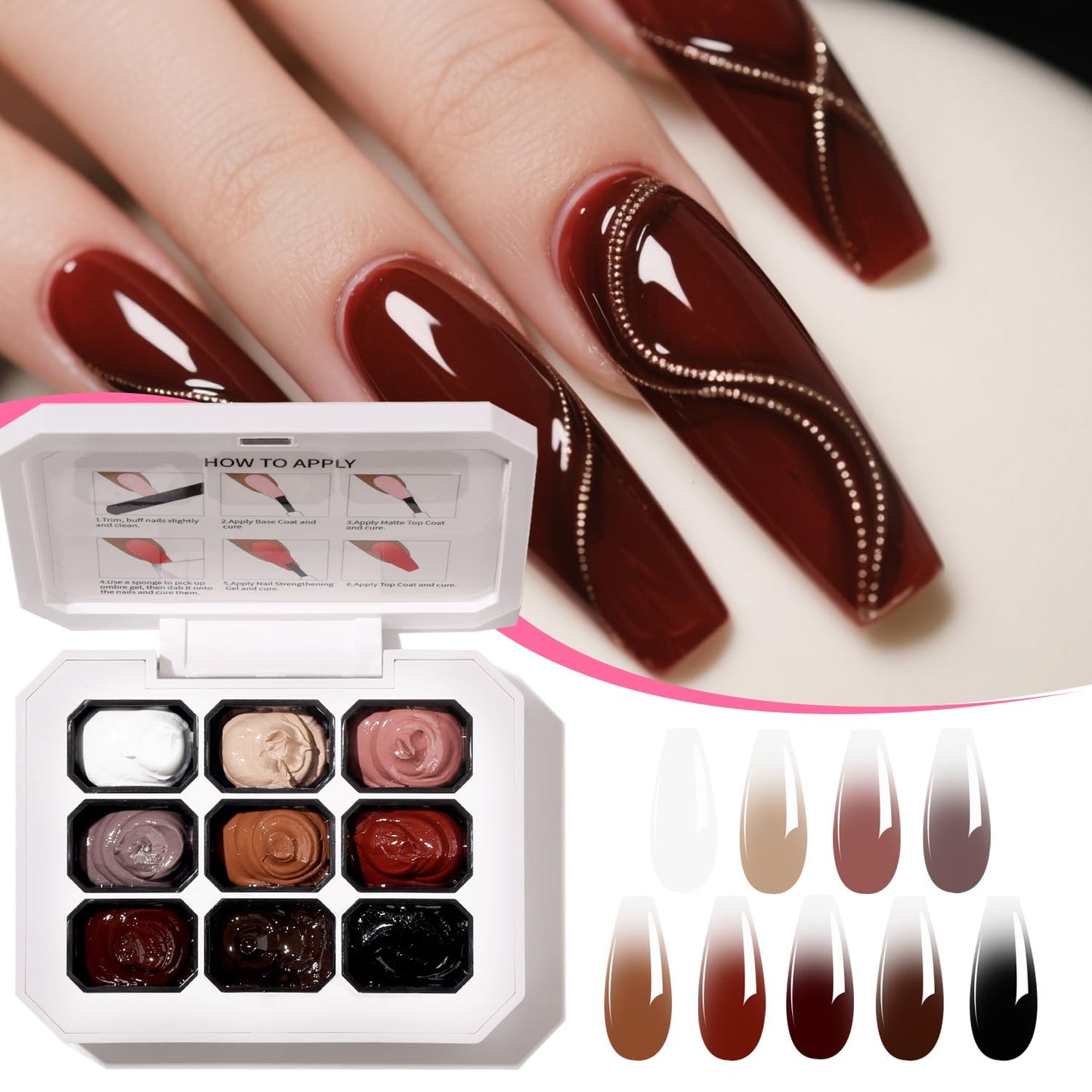 AOBOO Ombre Nail Polish Professional Gradient Nail Art 9 Color Pat Painting Gel With 100PCS Nail Sponges & Grabbing Pen For Efficient Completion Of Painting Gel For Nail Art Complex Design (1)
