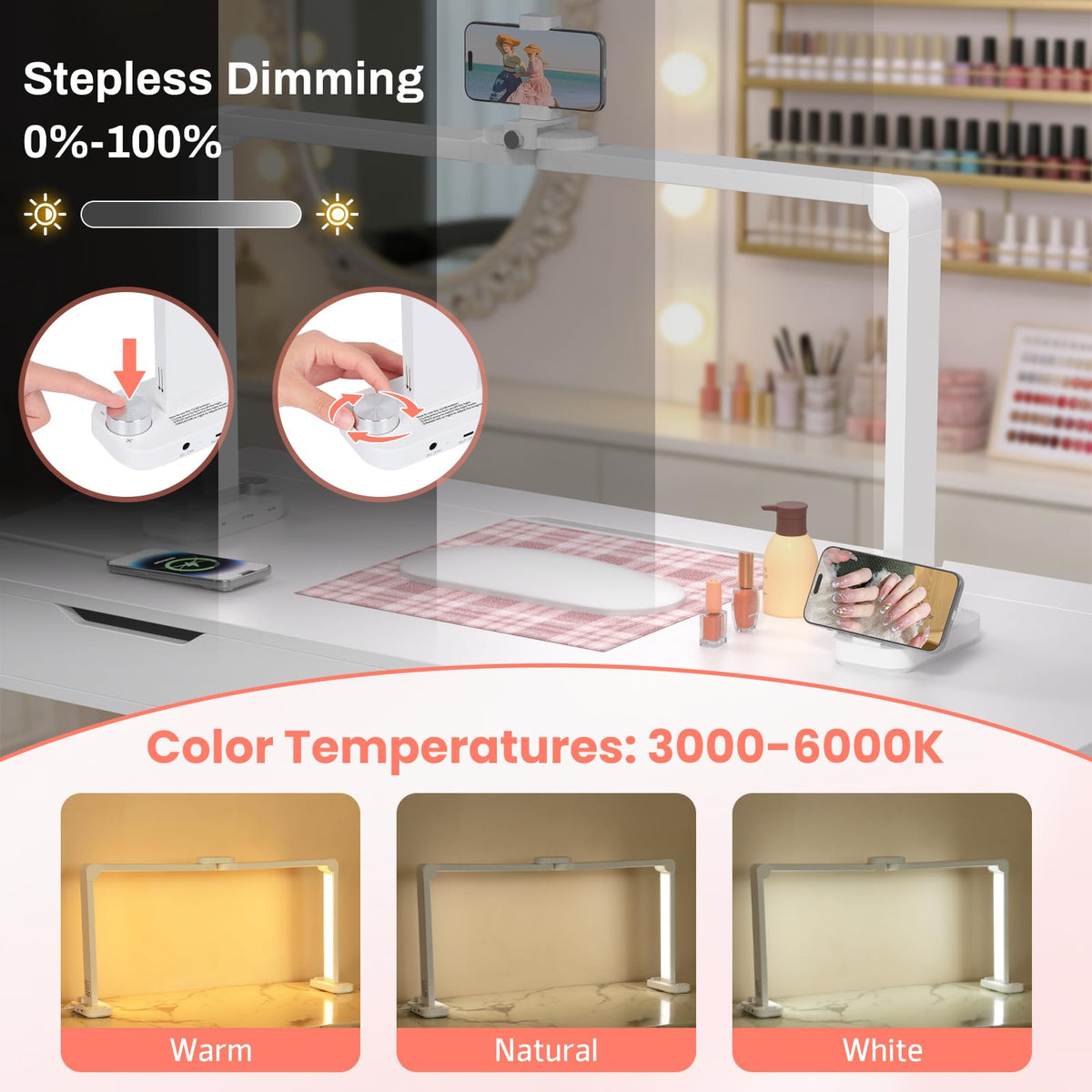 Haosegd Half Moon Light for Nail Desk with Phone Holder, Large Square Nail Lamp for Desk, Professional Manicurist Desktop Lamp, LED Light Suitable for Manicures, Tattoos, and Sewing, White