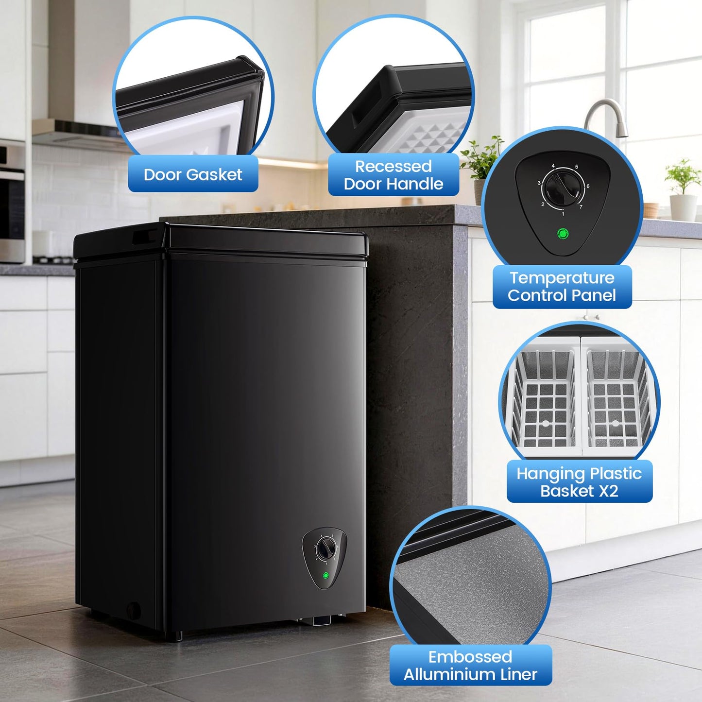 Compact 2.2 Cu.Ft Wanai Chest Freezer with 2 Removable Baskets, Mini Deep Freezer Adjustable 7 Thermostat with Top-Open Door for Home Kitchen, Black