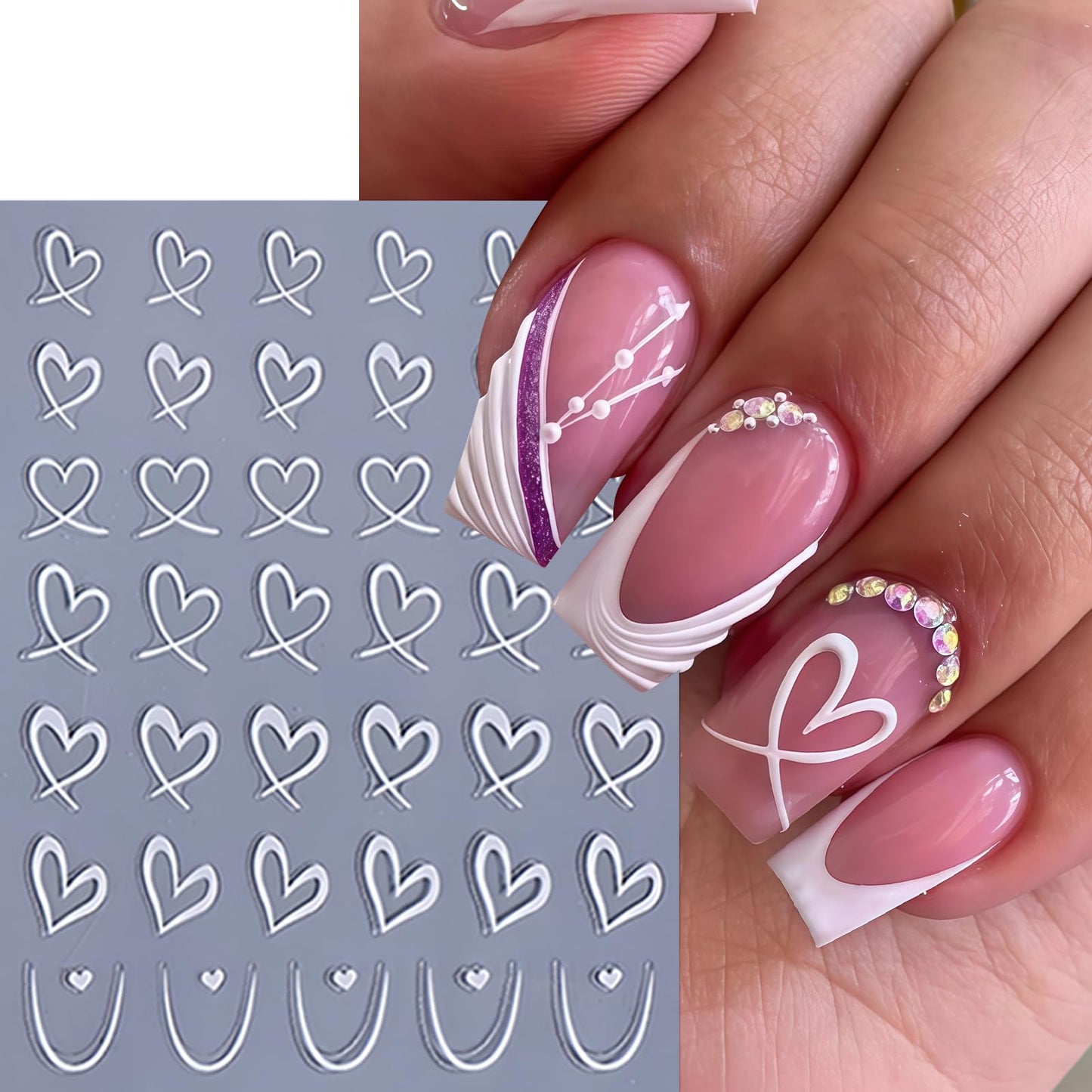 9 Sheets Valentines Day Nail Art Sticker Set 3D Self Adhesive Hearts Nail Decals Hollow Peach Heart Shaped Nail Design French Love Hearts Nail Supplies Valentine Sticker Charms Manicure Decoration