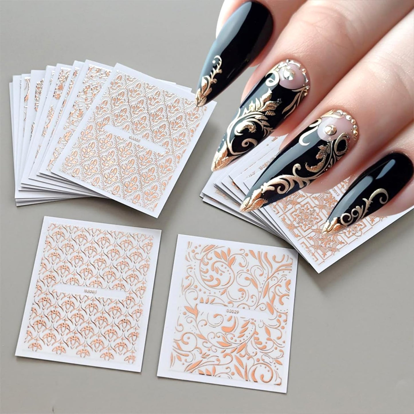 30 Sheets Rose Gold Nail Art Stickers Hollow Retro Floral Vine Design Self Adhesive Nail stickers Gold Line Nail Art Decals for Acrylic Nail decals Women and Girls Nail Supplies Decoration Accessories